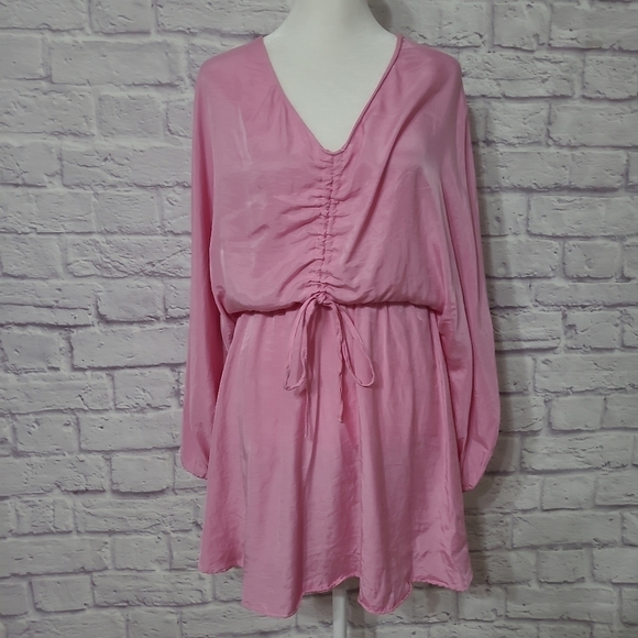 Zara Bubble Gum Pink Stain Drap Mini Dress Rouching Small - Picture 6 of 9